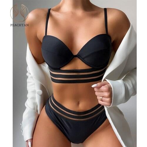 Peachtan Mesh bikinis 2021 mujer push up swimwear female High waist swimsuit womens swimming suit Hollow out bathing suit sexy