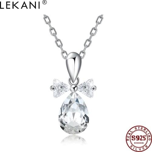 LEKANI Fine Jewelry For Women S925 Sterling Silver Bowknot Water Drop Pendant Necklace Pure High Quality Austria Crystal