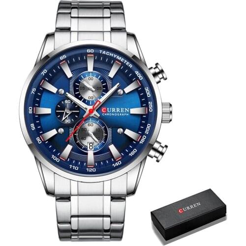 Curren Mens Watch Top Luxury Brand Big Dial Blue Quartz Men Watches Chronograph Sport Wristwatch Man Stainless Steel Date Clock