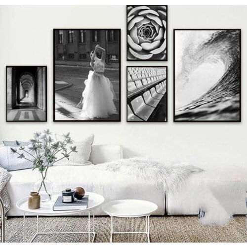 Black and White Nordic Poster Succulent Plant Sea Wave Ballet Girl Corridor Canvas Painting Wall Art Living Room Deco Home Decor