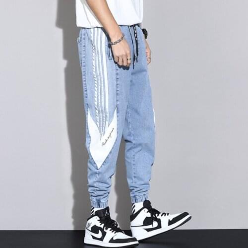 2021 New Simplicity Side Striped Print Stretch Jeans Mens Casual Spring And Summer Cropped Trousers Loose Comfortable