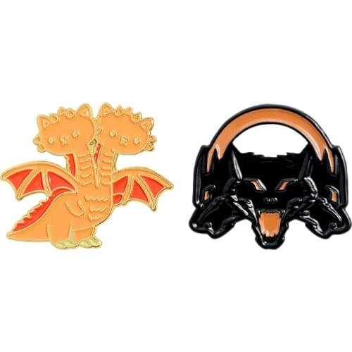 Fire Dragon Three Headed Dog Lapel Pin Enamel Brooches Magic Animal Pin for Clothes Backpack Badges Jewelry Gift For Kids