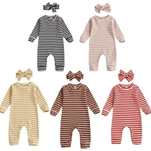 0-18M Newborn Baby Boy Girl Long Sleeve Striped Cotton Romper Jumpsuit Headband 2PCS Baby Clothes