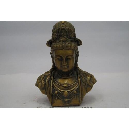 12.5CM Chinese Folk Classical Bronze Copper Kwan-yin Buddha Head Bust Statue