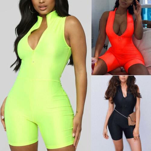 Fitness Sporty Active Wear Sleeveless Playsuit Athleisure Neon Color Women Zipper Biker Bodybuilding Jumpsuits 2019 Hot