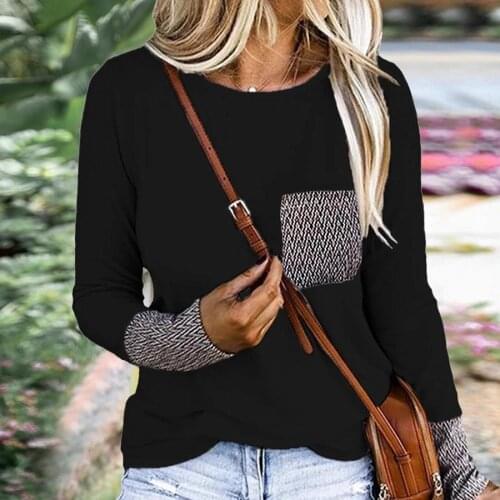 Patchwork Casual Fashion Woman Shirt Long Sleeve Autumn 2020 Pocket Loose Tee Shirt 5XL Newest Loose Solid Tshirts Women