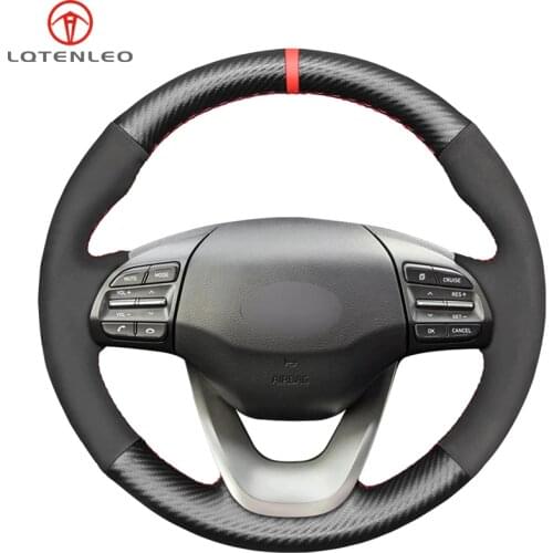 LQTENLEO Black Carbon Fiber Black Suede Hand Sew Car Steering Wheel Cover For Hyundai Kona 2017 2018 2019