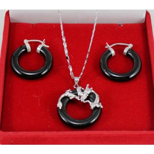 25mm Black jade dragon pendant hood earring Jades Jewelry set