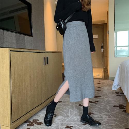 2020 new high waist over the knee bag hip knitted skirt autumn and winter womens mid-length split one-step skirt