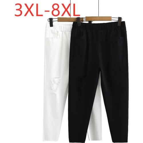 New ladies autumn winter plus size long pants for women large slim casual hole elastic black trousers 3XL 4XL 5XL 6XL 7XL 8XL