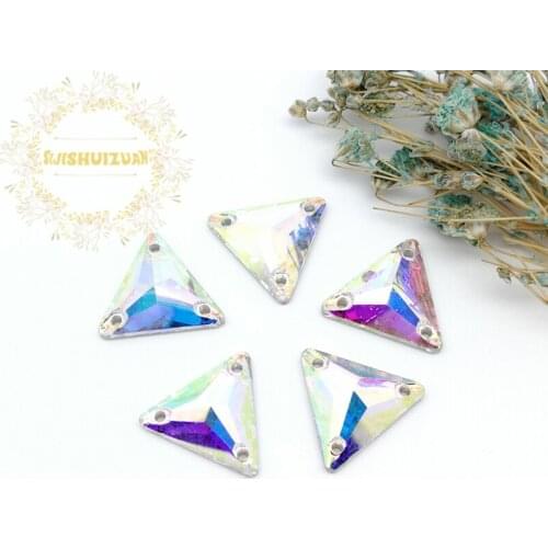 New product High-quality Crystal AB T-riangle Crystal Glass Sew-on Rhinestones with Three holes DIY wedding Dresses and Clothes