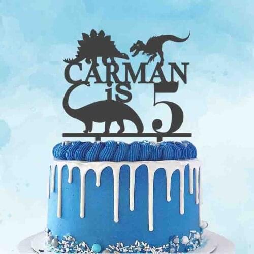 Personalized Kids Birthday Cake Topper Custom Name Age Cartoon Tyrannosaurus For Dinosaur Fans Birthday Party Cake Decoration