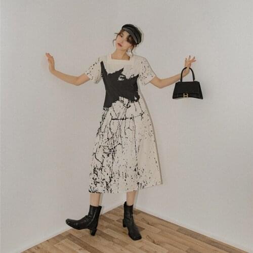 Printed Square Neck Dress 2021 Summer New High Waist Long Skirt Women