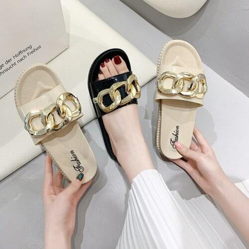 Casual Shoes Summer Womens Slippers Flat Metal Chain Slides Ladies 2021 New Open Toe Comfortable Beach Flip Flops Female