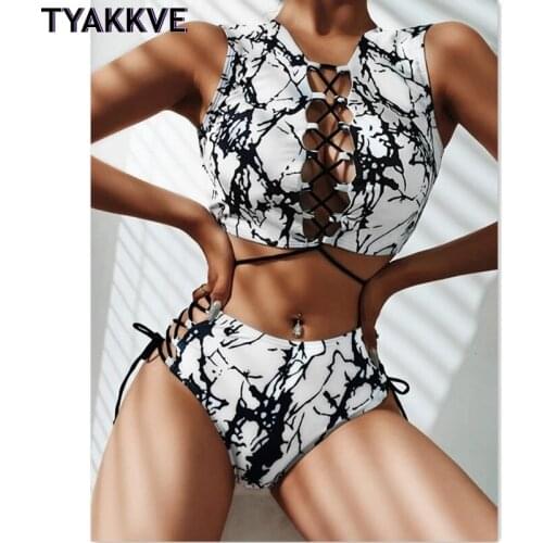 TYAKKVE Sexy Bikini Set High Wasted Graffiti Swimsuit Summer 2 Pieces Separate Bathing Suit Push Up Swimwear Women Beachwear