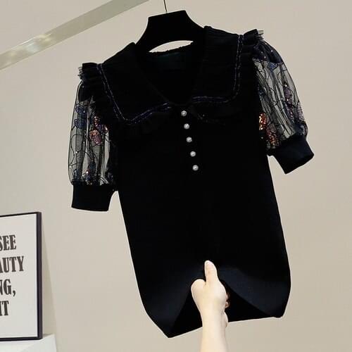 Vintage Mesh Stitching Short Puff Sleeve Heavy Embroidery Sequins Butterfly Embroidery Sweet Doll Collar Ice Silk Sweater Shirt
