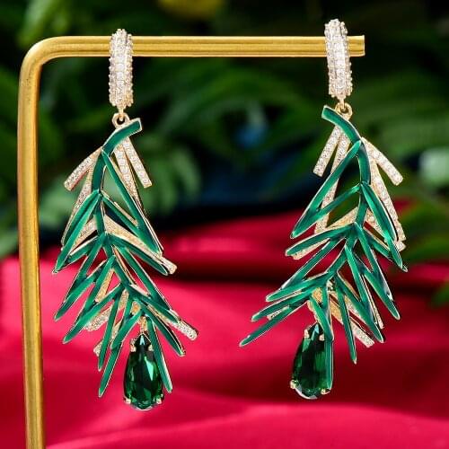 GODKI Spring Street Style Feather Tree Drop Earrings For Women Wedding Party Cubic Zircon Dubai Bridal Earring boucle d'oreille