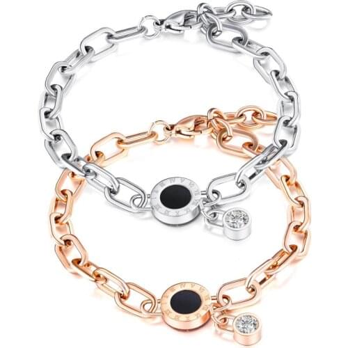 Cubic Zirconia Roman Numerals Bracelets for Women Stainless Steel Chain Bracelet Fashion Jewelry Bangles Accessories