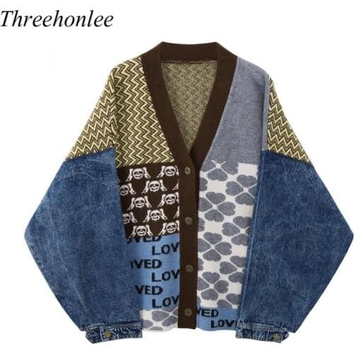 Women Korean Patchwork Denim Coat Vintage Knitted Cardigan Sweater V Neck Long Sleeve Knitwear Casual Loose Outwear Female Tops