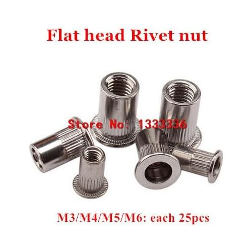 100pcs/kits Rivet Nut M3 M4 M5 M6 Flat Head Rivet Inserts Nuts Assortments Kits SUS304 Stainless steel Thread Insert Rivnut Nuts