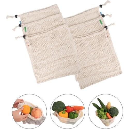 6PCS Natural Organic Cotton Mesh Bag Fruit And Vegetable Storage Bag Drawstring Reusable Mesh Pack 2*S / 2*M / 2*L