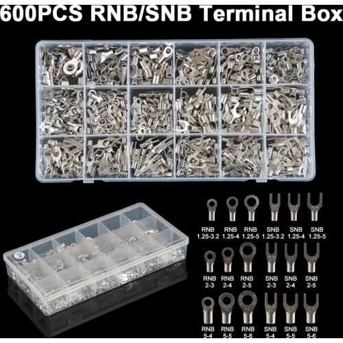 600pcs/box RV Ring Fork U Terminal Brass Crimp Terminals Kits Non Insulated Wire Connector Assortment Crimp Spade Cable Lug Set