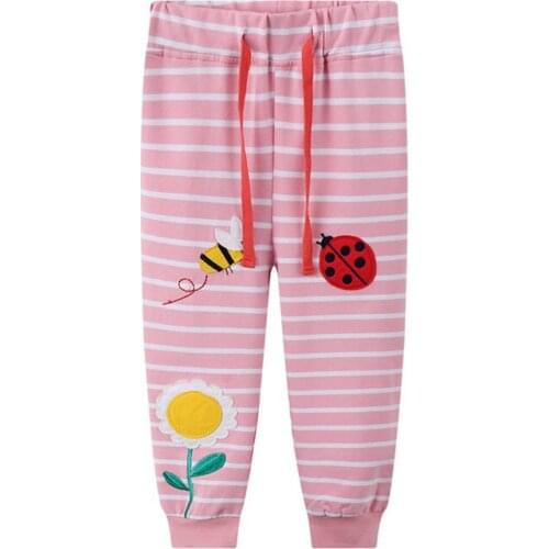 Floral Kids Trousers Pants Girls Sweatpants For Autumn Spring Bee Embroidered Drawstring Childrens Clothing