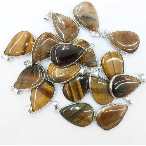 1pc Natural Agates Tiger Eye Stone Charms Jewelry Making Drop-shaped Metal Edging Pendant Chain for DIY New Necklace Accessories