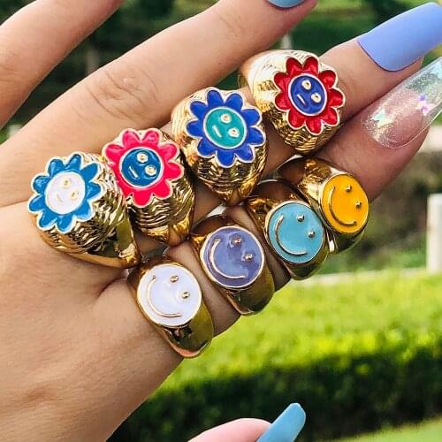 Aesthetic Y2K Colorful Smiley Sunflower Rings for Women Girls Enamel Cute Smile Face Metal Chunky Rings Couple Jewelry