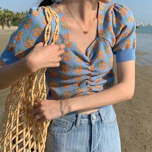 Summer Knitted T-Shirt Womens Fashion Casual Floral Square Collar Sweet Short Sleeves Navel Exposed Tops