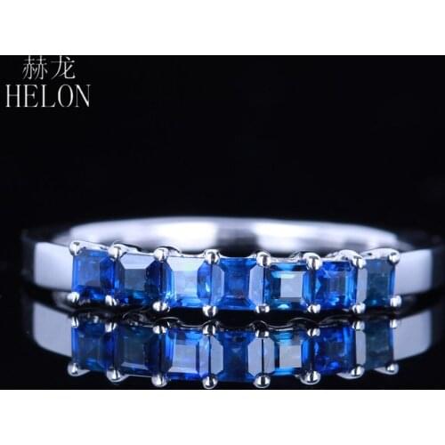 HELON Solid 10k White Gold 0.7CT Ceylon Princess Cut 100% Genuine Sapphires Jewelry Engagement Anniversary Gemstone Ring Setting