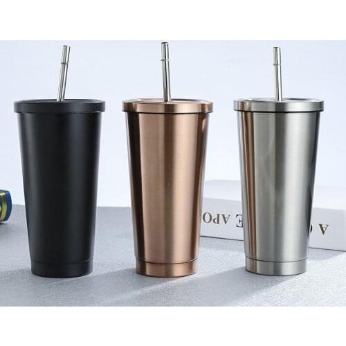 Stainless Steel Coffee Mug 500ml Mug with Lid Beer Mugs for Tea Cup Metal Cup Drink Straw Travel Cups