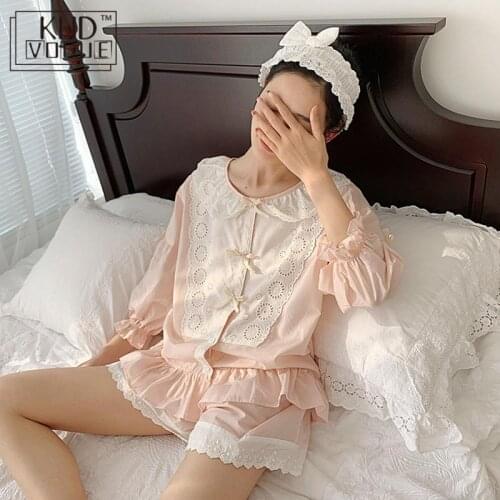 Cute Women Pajama Set Sleep & Lounge Summer Sweet Lace Sleepshirts Lolita Pajamas Girls Sleepwear Elastic Waist Shorts Cotton