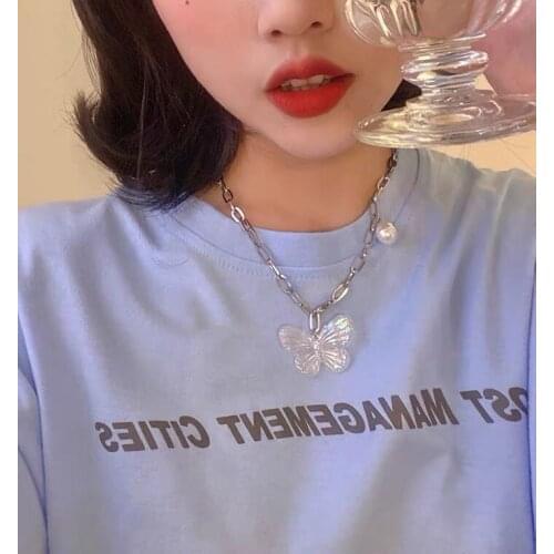 Fashion Korean Girls Silver Color Clavicle Chain Necklaces Punk Exaggerate Acrylic Butterfly Pendant Necklace Bijoux For Women