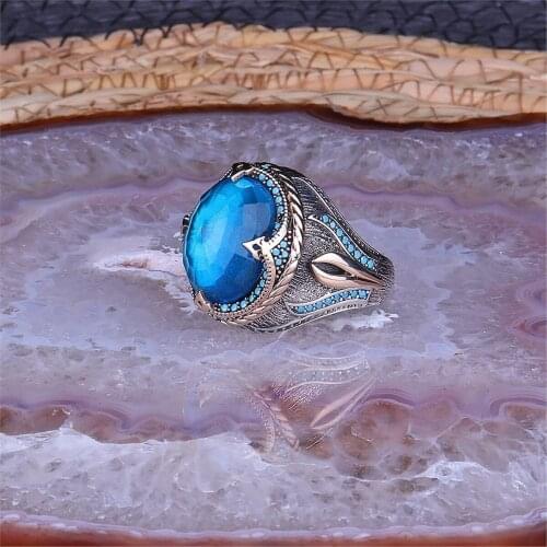 Relief Pattern Blue Topaz Gemstone 925 Sterling 925 K Silver Men 'S Ring
