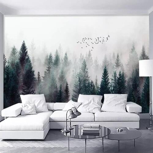 New Design Texture Wallpaper Modern Misty Forest Clouds Flying Birds Mural Living Room TV Sofa Bedroom Home Decor Wall Paper 3 D