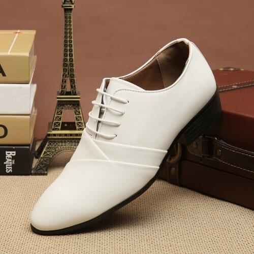 Mazefeng 2018 New Fashion Spring Autumn Men Leather Shoes Men Dress Shoes Lace-up Solid Pointed Toe Male White Shoes Flats