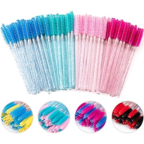 Esha Good Quality Disposable 50 Pcs/Pack Crystal Eyelash Makeup Brush Diamond Handle Mascara Wands Eyelash Extension Tool