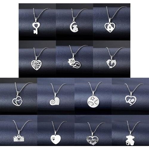 Silver Color Stainless Steel Necklace For Women Men Cute Heart Dolphin Cat Paw Pendant Long Chain Necklace Jewelry Ornament