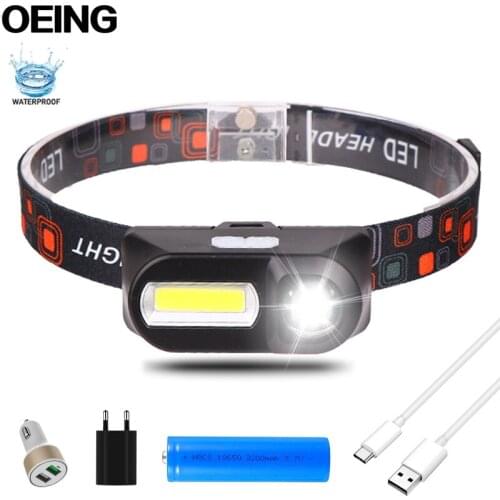 Mini Waterproof XPE COB LED 6-Mode Headlight Headlamp USB Rechargeable 18650 Battery Head Light Lamp Flashlight for Outdoor