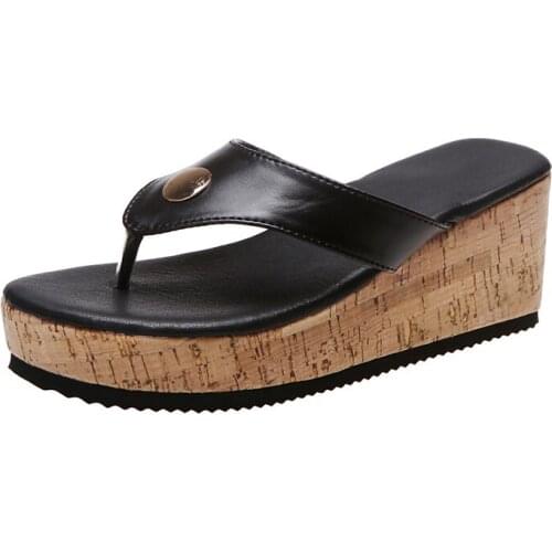 Big Size 43 Summer Women Bohemian Wedges High Heel Sandals Flip Flops Slippers Pu Leather Platform Chaussure Slides Shoes