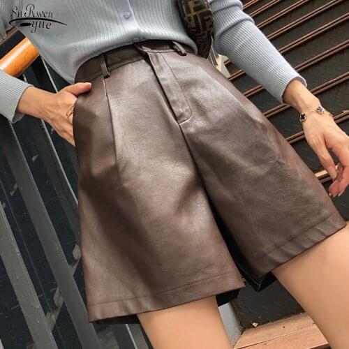 High Street Leather Short Pants Women High Waist Wide-legged PU Female Pants Autumn Winter New Women Pants Pantalon Femme 12976
