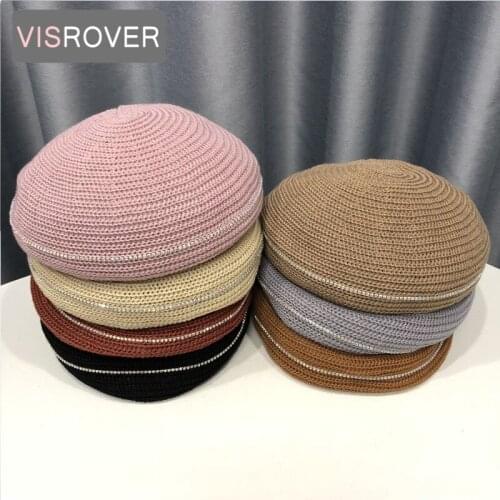 VISROVER beret crystal circle hat female knitte acrylic cap spring summer autumn hat solid color top quality Women Boina