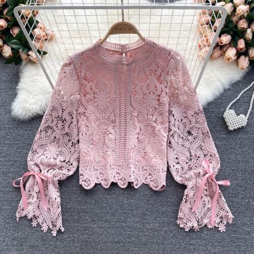 2021 New Lace Blouse Womens Summer Dress Hollow Trumpet Sleeve Blusa Slim Short Temperament All-match Shirt DK730