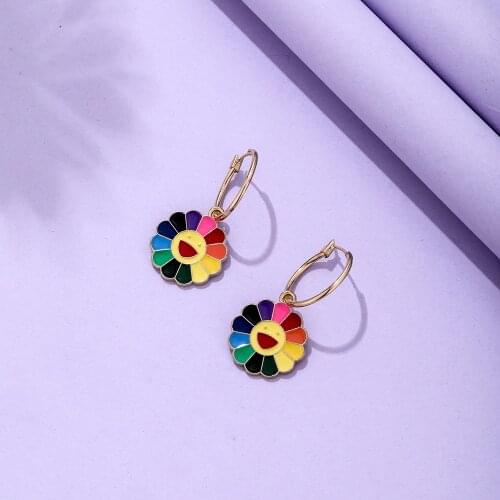 Lost Lady New Fashion Colorful Sunflower Shape Smile Face Pendant Earring Alloy Earring for Women Jewelry Gifts Girls Wholesale