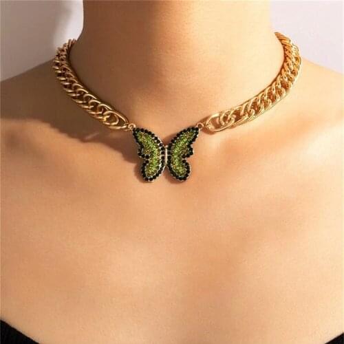 LXY-W Vintage Punk Thick Chain Color Crystal Inlaid Large Butterfly Pendant Necklace For Women Boho Choker Fashion Gold Jewelry