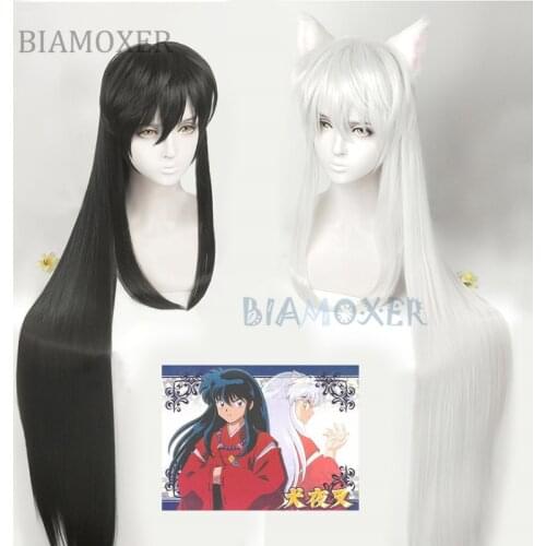 100cm Inuyasha Long Black White Styled Sesshoumaru Cosplay Wig With Ears Heat Resistant Hair Cosplay Wig + Free Wig Cap