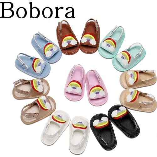 Bobora Baby Girls Boys Rainbow Sandals Cute Summer Hard Sole Flat Princess Shoes PU Infant Non-Slip First Walkers 0-24M