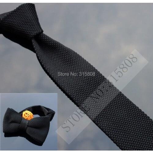 Ikepeibao Black Microfiber Knit Pre-tied Bow Tie and Knit Skinny Tie Set For Adults