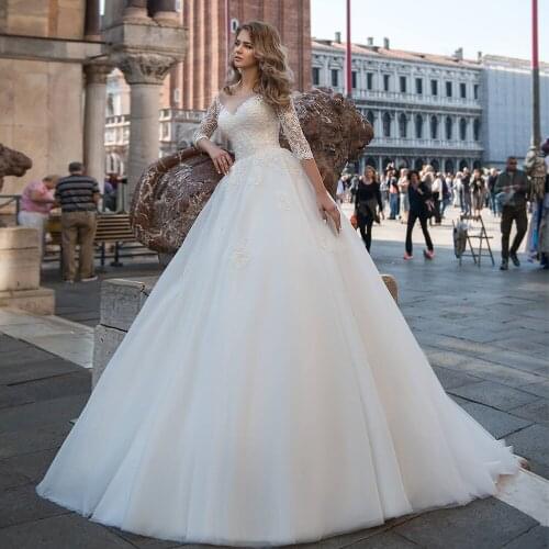 Elegant Three Quarter Sleeves Wedding Dresses Scoop Illusion A Line Open Back Princess Bridal Gowns Vestido de Noiva 2021